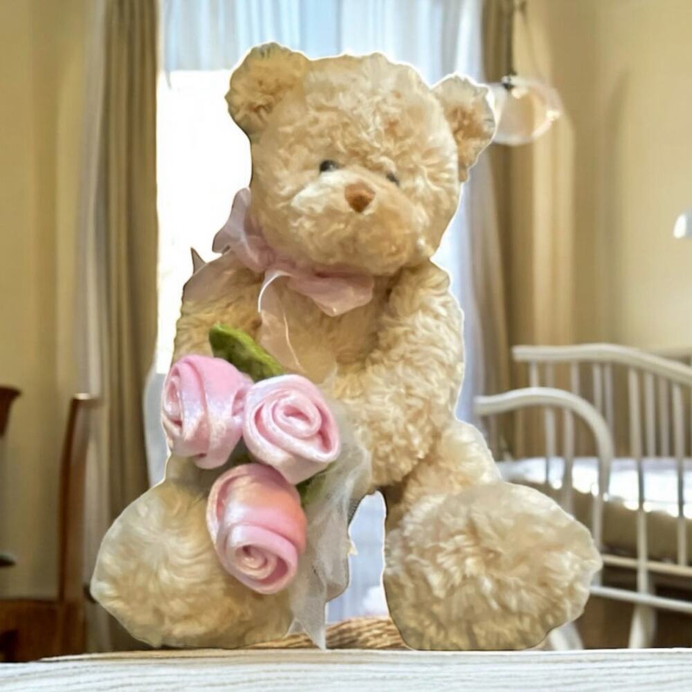 Gund Flowering Friends Teddy Bear Plush Rose Ribbon Tan Brown Stuffed Animal 9"